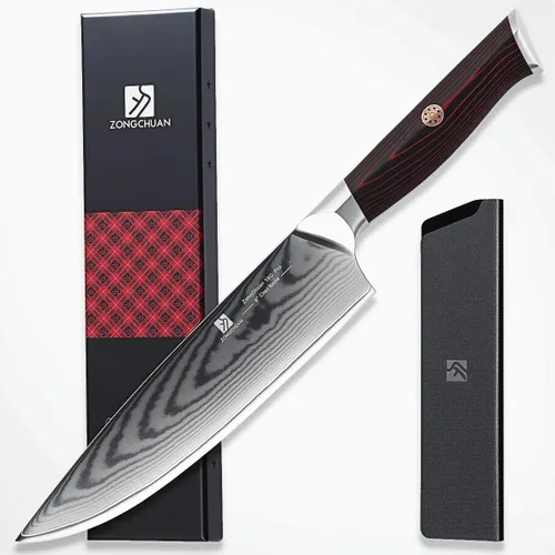 Vista 12 de Cuchillo de chef de Damasco de 8 pulgadas, cuchillo de cocina de acero inoxidable de alto carbono de 67 capas con mango ergonómico G10, funda