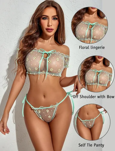 Vista 109 de Avidlove - Conjunto de brasier y braga con volantes, conjunto de lencería tipo babydoll de malla