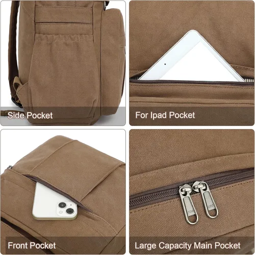 Vista 5 de AUGUR Mochila para laptop para mujer, bolsa de lona, mochila vintage de viaje pequeña, mochila retro casual, mochila de trabajo, Verde militar