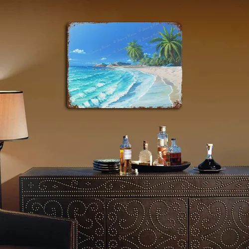 Vista 5 de Zomyto Letrero de metal con diseño de palmera de verano, imagen tropical de playa y mar y océano, pintura de paisaje marino, retro, para baño, sala