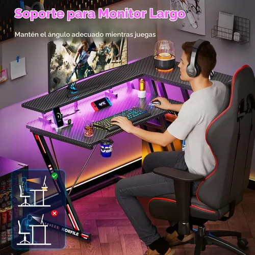 Vista 7 de Korfile Escritorio para juegos de 40 pulgadas con toma de corriente y luces LED, mesa de juegos para computadora en forma de L con estantes