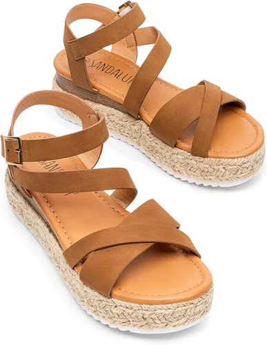Vista 6 de SANDALUP Sandalias de plataforma para mujer, hebilla y correa de tobillo con correa de tobillo, plataforma de cuña sintética, alpargatas