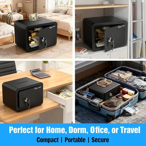 Vista 6 de Caja fuerte pequeña, cajas fuertes tipo casillero con llave y ranura para monedas, pequeñas cajas fuertes para dinero, seguridad doméstica