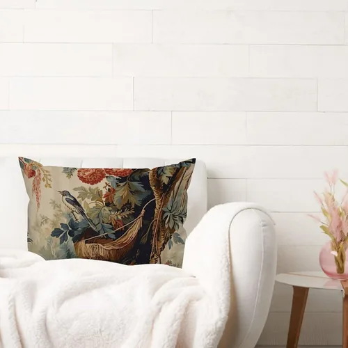 Vista 3 de ArogGeld Funda de cojín lumbar asiática de estilo chinoiserie, de lino marrón, pájaro y flor, funda de cojín asiática para sofá, silla de automóvil