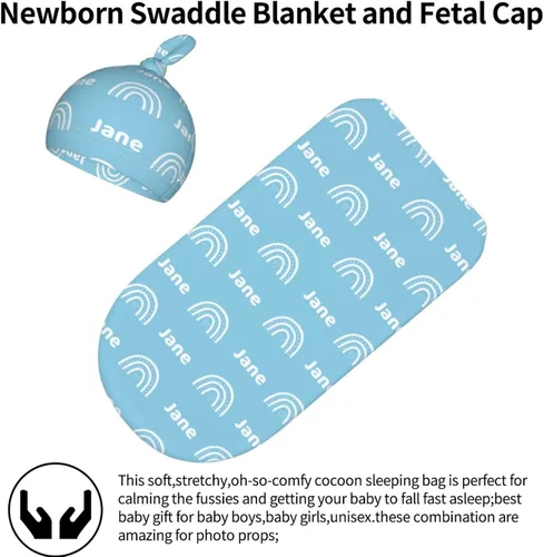 Vista 5 de Mantas personalizadas para bebé recién nacido, gorro con diadema para bebé, niña y niño con nombre, icono personalizado y fuentes, saco de envolver