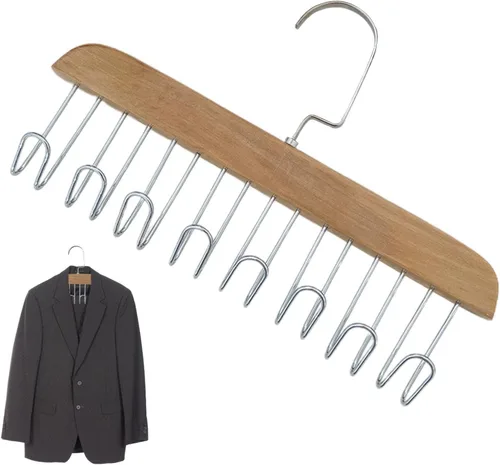 Vista 10 de 4 soportes de madera para cinturones, colgador multifuncional para cinturón de madera con 8 ganchos de metal, organizador de perchas de madera