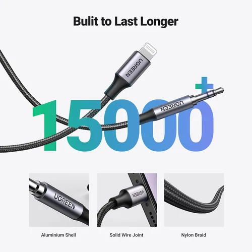 Vista 6 de UGREEN - Cable auxiliar para iPhone con certificado MFi Lightning a 0.138 in Cable de audio para automóvil 3.3FT, Nylon Braided, Aluminum Shell