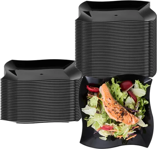 Vista 18 de Restaurantware - Platos de postre de 3 x 3 pulgadas, 100 platos de cóctel pequeños, cuadrados, bordes ondulados, platos desechables de plástico Negro