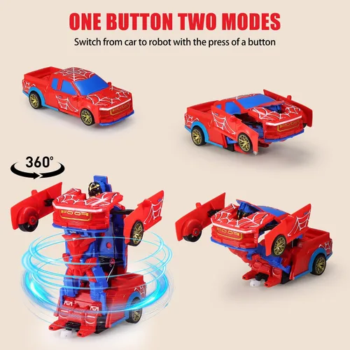 Vista 2 de Spider Transform RC Car para niños, camión a control remoto a control remoto rojo y azul con transformación de un botón, rotación de 360° y luces