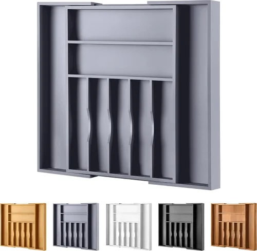 Vista 20 de Organizador de cubiertos de acacia de cocina, divisor de cajón ranurado extraprofundo, organizador de utensilios de 7 ranuras