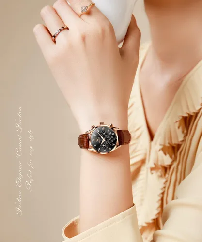 Vista 2 de OLEVS Women Watch Brown Leather Straps Ladies Rose Gold Elegant Luxury Dress Chronograph Waterproof Wrist Watch Date Day