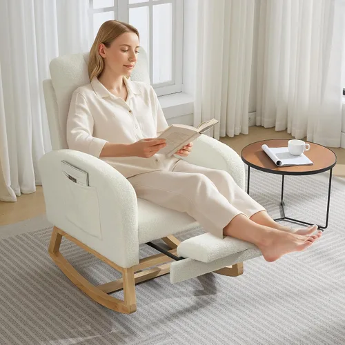 Vista 6 de Garvee Silla mecedora moderna para guardería, cómoda silla mecedora con bolsillo lateral y reposapiés, respaldo alto reclinable para sala