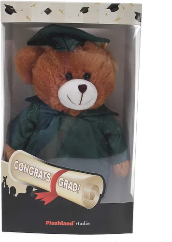 Vista 2 de Plushland Peluche de oso marrón, regalos para el día de graduación, texto personalizado, nombre o logotipo de tu escuela en el vestido, lo mejor