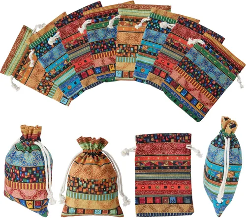 Vista 8 de Paquete de 56 bolsas de joyería de caramelo egipcio, bolsas de monedas con estampado azteca, bolsa de regalo con cordón para regalos de devolución