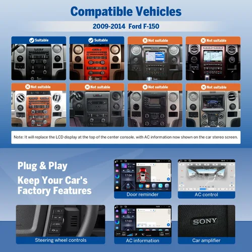 Vista 4 de Eonon Estéreo de coche de 9 pulgadas 4+64G para Ford F150 (2009-2014), Android 14 inalámbrico CarPlay y Android Auto, Bluetooth 5.4, pantalla táctil