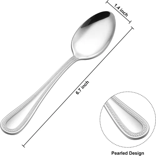 Vista 2 de E-far Juego de 12 cucharaditas de acero inoxidable con borde perlado de 6.7 pulgadas, cucharas de té de postre pequeñas para el hogar, cocina