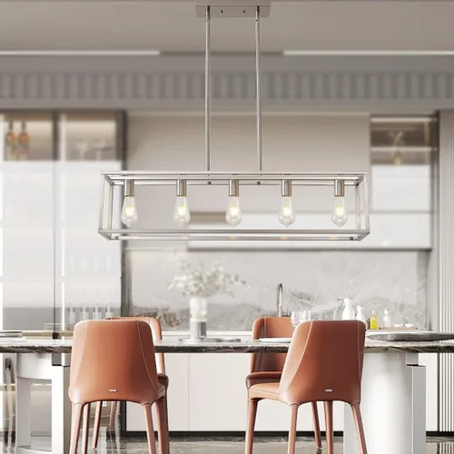 Vista 5 de 5 luces de isla de iluminación de níquel cepillado para comedor, lámpara colgante de granja moderna isla de cocina, iluminación lineal de granja