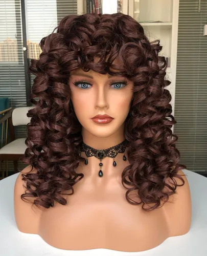 Vista 16 de Pelucas afro rizadas para mujeres negras, peluca larga y rizada con flequillo, fibra sintética esponjosa, sin pegamento, para cosplay y uso diario