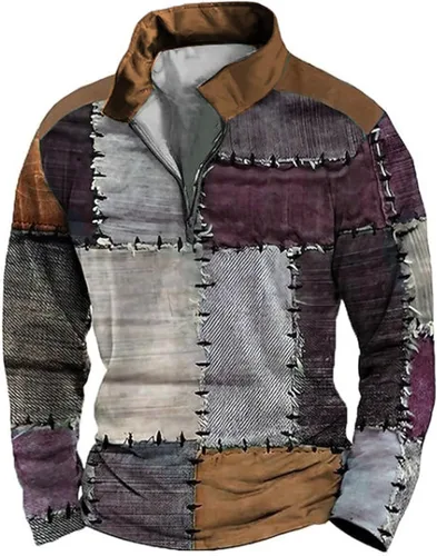 Vista 4 de Camisas Henley de manga larga para hombre, estilo vintage, desgastadas, casuales, cuello alto, talla grande, media cremallera, sudaderas