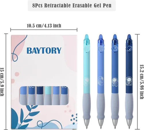 Vista 2 de BAYTORY 8 piezas de lindos bolígrafos de gel retráctiles y borrables, bolígrafo de tinta azul y negra con borrador transparente, escritura suave