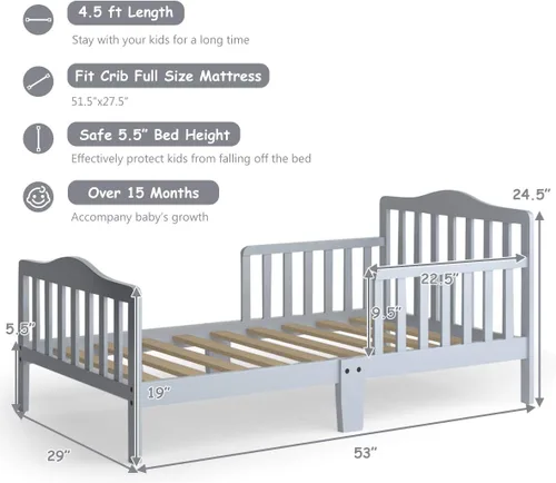 Vista 2 de Costzon Cama infantil, marco de cama clásico de madera para niños con doble barandilla de seguridad, diseño bajo al suelo, soporte de listones