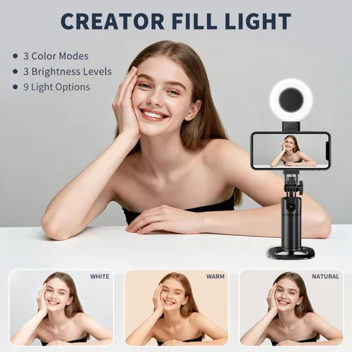Vista 5 de Trípode de seguimiento facial automático con rotación de 360 grados para iPhone. Kit de vlogging de fotos para teléfono celular con control remoto