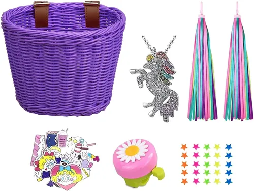 Vista 10 de Cesta de bicicleta para niños, cesta de mimbre, cesta de bicicleta para manillar para niñas con collar de unicornio, campana de bicicleta