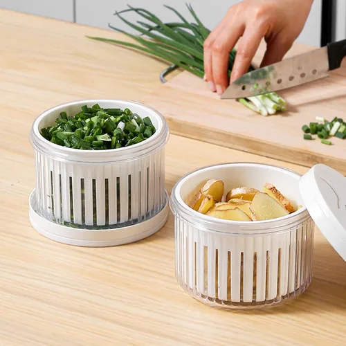 Vista 2 de Caja de almacenamiento de cebolleta de plástico multifuncional, forma redonda de contenedor de verduras de frutas, amplia aplicación para cocina