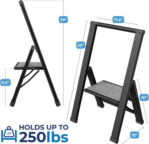 Vista 2 de Escalera de Peldaños de 1 Escalón Plegable, Decorativa - Hermosa Madera Gris y Aluminio Negro, Perfil Ultra Delgado, Peldaños Antideslizantes