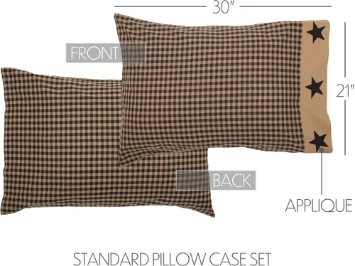 Vista 2 de VHC Brands Funda de almohada estándar con apliques de algodón primitivo de algodón a cuadros negros