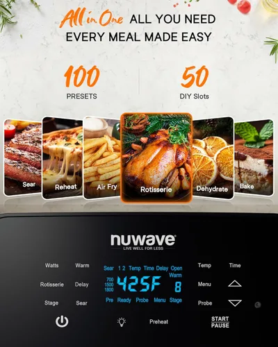 Vista 2 de [Usado] NuWave Brio 15.5Qt Horno y freidora de aire con asador, tamaño X-grande para familia, potente 1800W, 4 posiciones de parrilla, controles