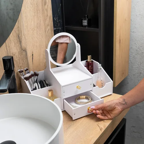 Vista 9 de Organizador de maquillaje de madera, organizadores de maquillaje de encimera con espejo, cajones, organizador de cosméticos para cepillos, cuidado