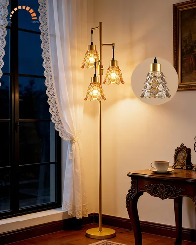 Vista 15 de Lámpara de pie moderna de cristal de 3 luces, lámpara alta de pie dorada con pantalla de vidrio de piña roja profunda, lámpara de pie LED regulable