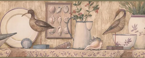 Vista 2 de Birds Seashells - Papel tapiz para mesa de cocina, color beige, diseño retro, rollo de 15 x 9.5 pulgadas
