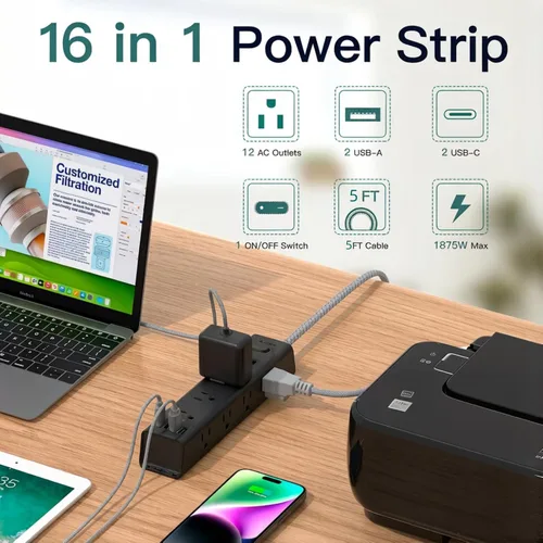 Vista 2 de Addtam Regleta protectora de sobretensiones negra con 12 salidas de CA y 4 puertos USB, cable de extensión de 5 pies, montaje en pared de enchufe