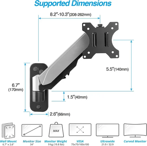 Vista 2 de AVLT Soporte de pared para monitor individual de 13 a 32 pulgadas para monitor de computadora plano/curvo, altura de movimiento completo, rotación