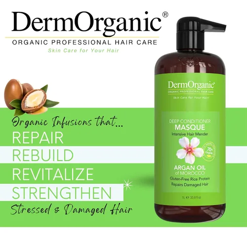 Vista 2 de DermOrganic Mascarilla reparadora de cabello - Reconstructor de acondicionador profundo reconstruye naturalmente el cabello dañado, 33.8 onzas