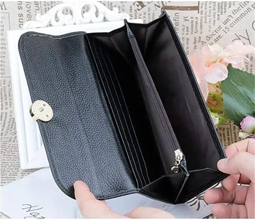 Vista 5 de Cartera de cuero con bloqueo para mujer, excelente tarjetero de cuero genuino para mujer