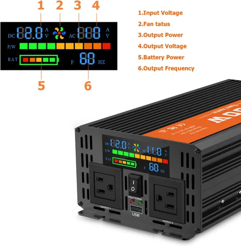 Vista 5 de Inversor de potencia de 2000 vatios, convertidor de 12 V CC a 110 V CA para automóvil/exterior, con pantalla LED, dos tomas de CA, puerto USB, dos