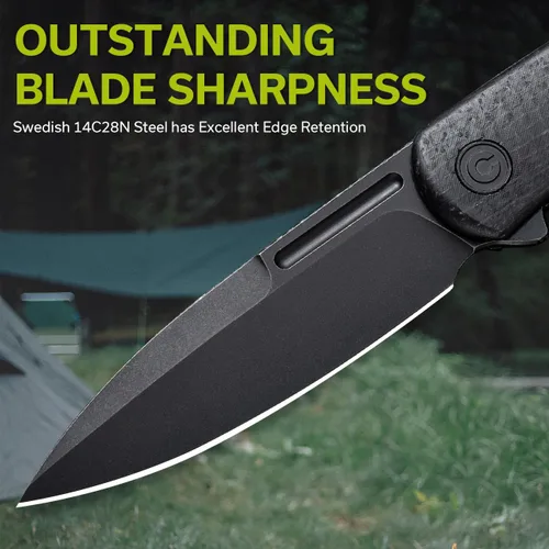 Vista 2 de CIVIVI Caetus Cuchillo de Bolsillo para Hombres, Cuchillo Flipper con Hoja de Acero 14C28N de 3.48", Mango de Micarta de Arpillera, Cuchillo