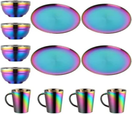 Vista 7 de Juego de platos y cuencos, platos de acero inoxidable, tazones, tazas, juego de vajilla de cocina para 4