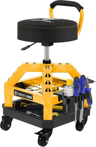 Vista 10 de Taburete rodante de taller con ruedas, taburete mecánico de trabajo de garaje resistente con respaldo, altura ajustable, silla giratoria de 360°