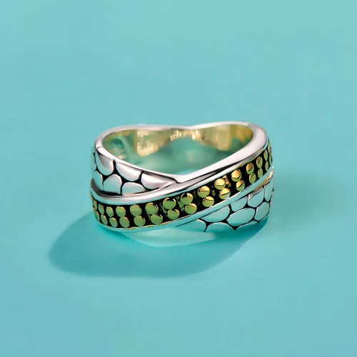 Vista 2 de UNY JEWEL Jewelry Dots X Criss Cross Anillo de dos tonos inspirado en el diseñador único para mujer, regalo de San Valentín y Navidad