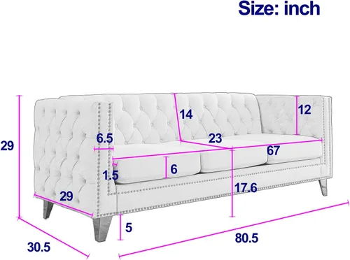 Vista 2 de Modern 3 Seater Couch Black Velvet Sofa Upholstered Button Tufted Nailhead Trim, Square Arm Loveseat Sofa, Sturdy Golden Metal Legs, 80.5'' Couch