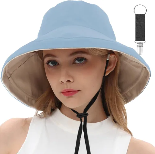 Vista 19 de vidsel Sombreros de sol para mujer, de ala ancha, reversible, de algodón, plegable, de verano, con clip para sombrero, protección UV Beige
