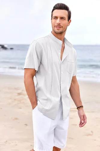 Vista 6 de Ryannology Guayabera - Camisas de lino de manga corta con botones para hombre, estilo casual, playa, campamento cubano, camisa mexicana para hombre