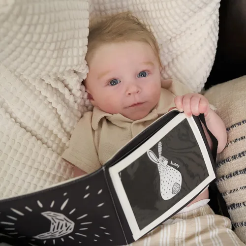 Vista 6 de Libro de tiempo de barriga suave con espejo estimulante seguro para bebés - Divertido juguete Montessori en blanco y negro con relleno arrugado y 20