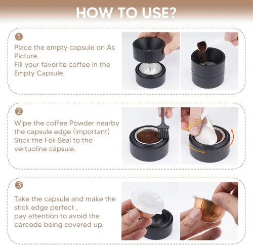 Vista 6 de Kit de sellos de papel de aluminio reutilizable Vertuo Capsule Kit para cápsulas VertuoLine para reutilizar cápsulas recargables Nespresso