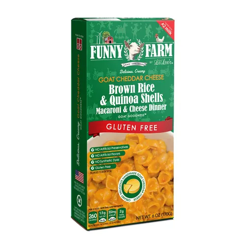 Vista 3 de Funny Farm Macarrones y queso sin gluten A2 con leche Pasta de arroz integral y quinua con sabor a queso cheddar - Paquete de cena de queso
