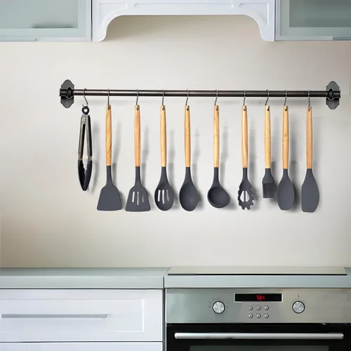 Vista 7 de LDC - Juego de utensilios de cocina de silicona de 35 piezas con soporte, silicona de grado alimenticio sin BPA, asas de madera resistentes al Gris
